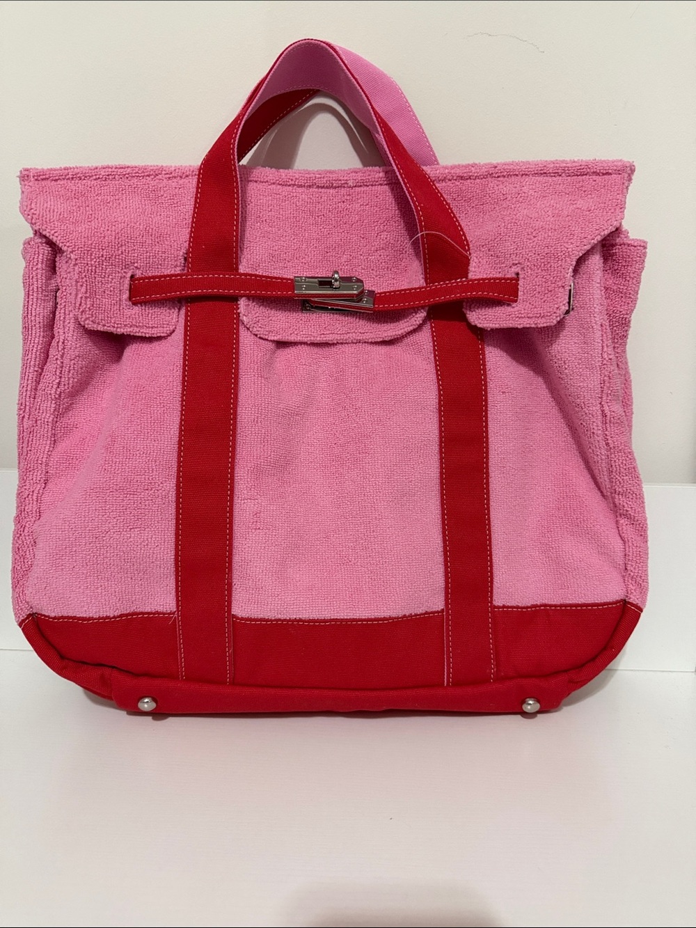 Medium Pink and Red Canvas Tote Bag with Silver Hardware